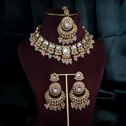 Rajnandini Kundan Pearl Necklace  - Pastel Pink & Pastel Green