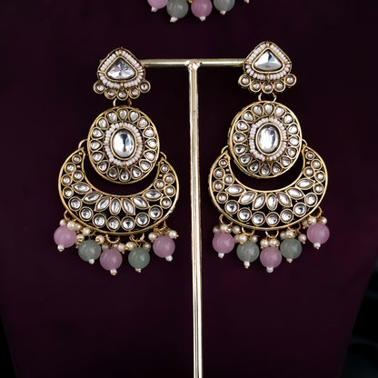 Rajnandini Kundan Pearl Necklace  - Pastel Pink & Pastel Green