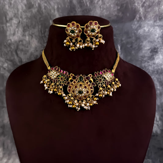 Nidha Temple Necklace Set - Pink & Green