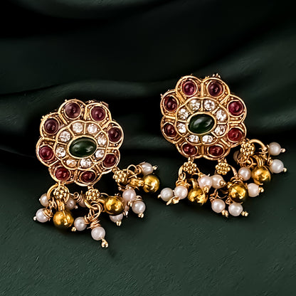 Nidha Temple Necklace Set - Pink & Green
