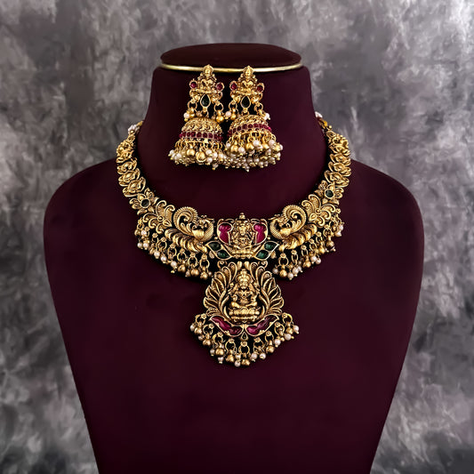 Bhavika Lakshmi Temple Necklace Set - Golden