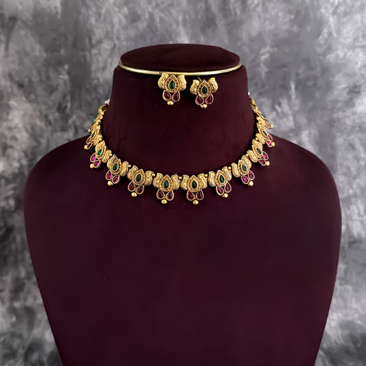 Neelima Antique Lotus Temple Necklace Set - Green & Pink