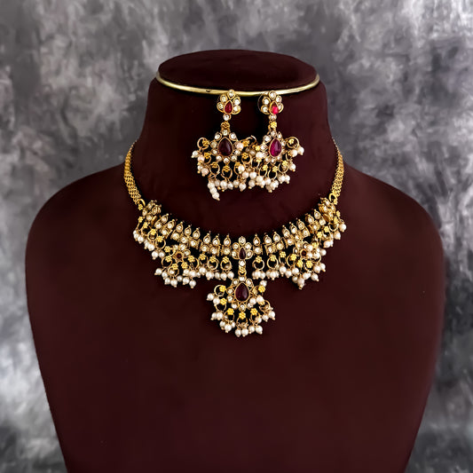 Mini Guttapushali Necklace Set With Earrings- Golden & Pink