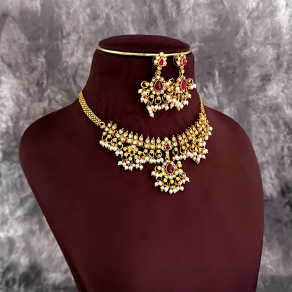 Mini Guttapushali Necklace Set With Earrings- Golden & Pink