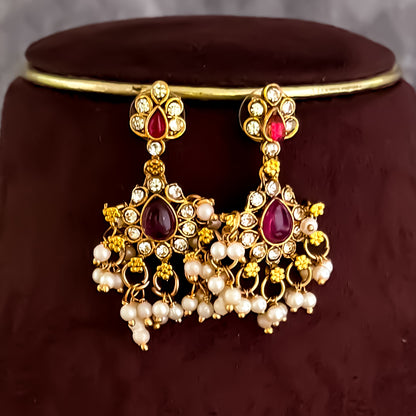 Mini Guttapushali Necklace Set With Earrings- Golden & Pink