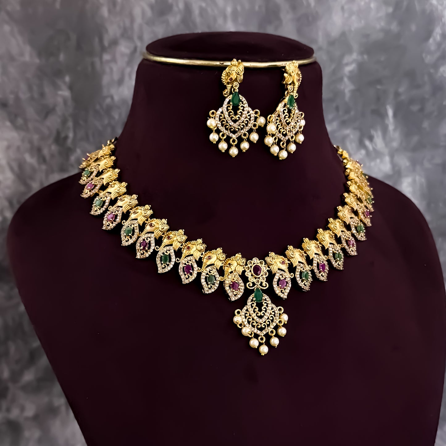 Ganesha Temple AD Necklace Set - Golden