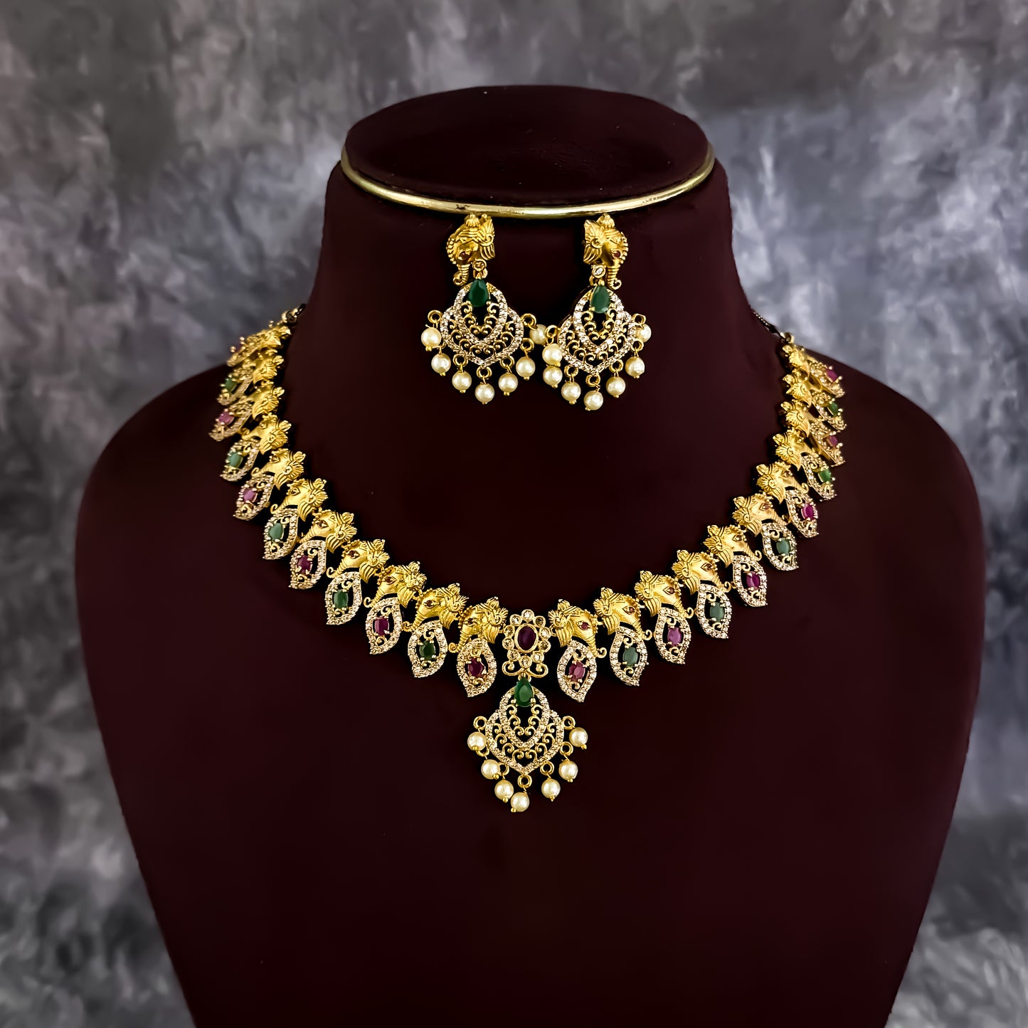 Ganesha Temple AD Necklace Set - Golden