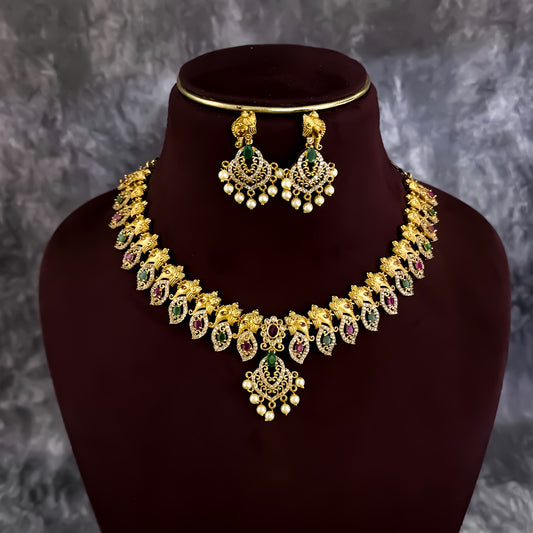 Ganesha Temple AD Necklace Set - Golden