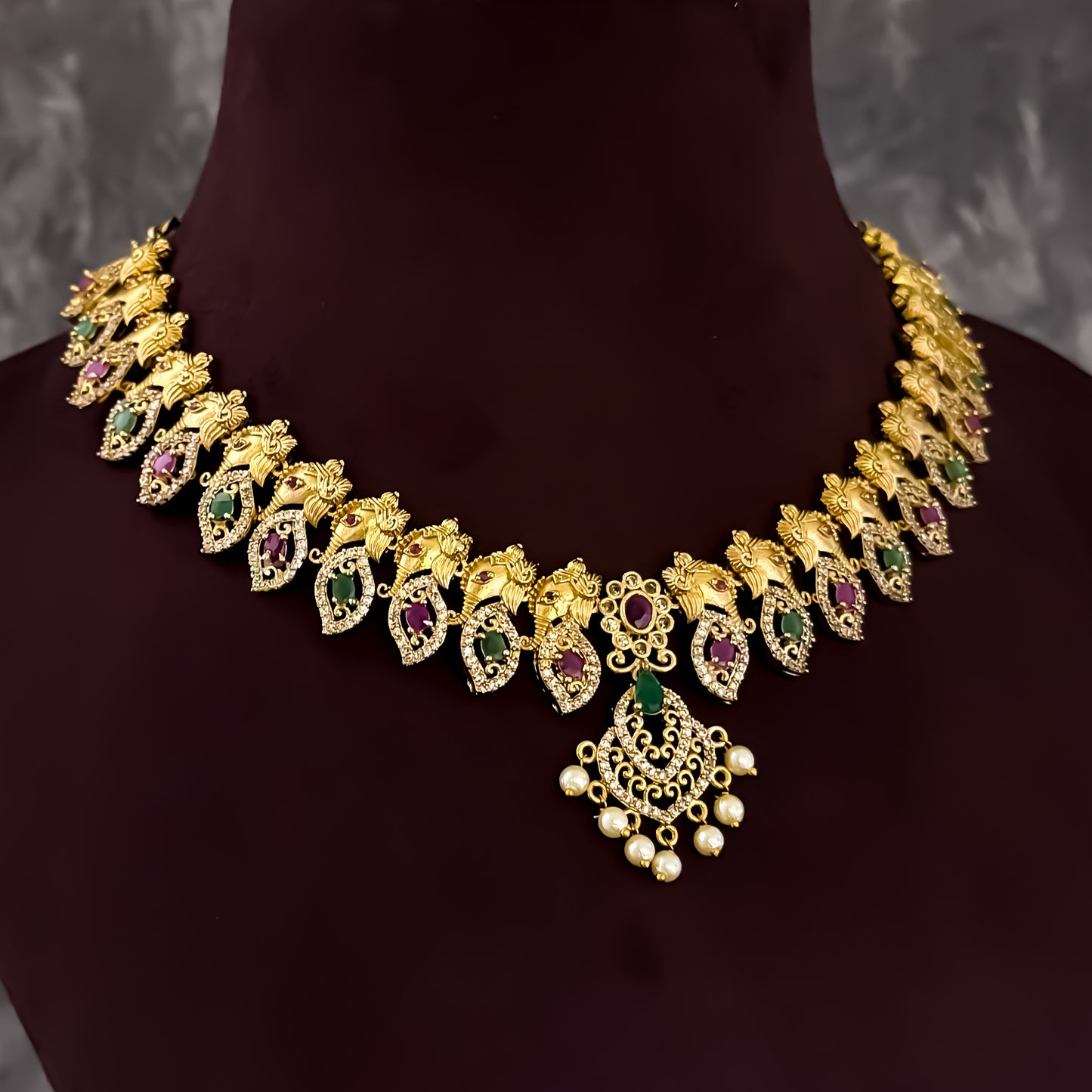 Ganesha Temple AD Necklace Set - Golden