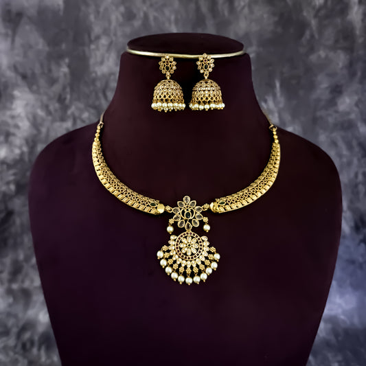 Ritika Temple AD Hasli Necklace Set - Golden