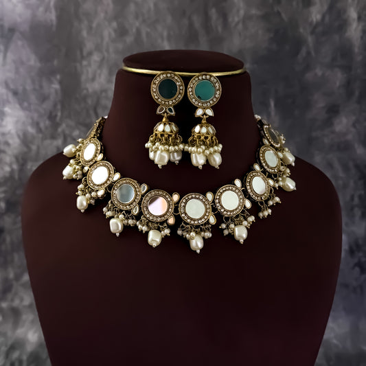 Nishka Mirror Necklace Set - Golden
