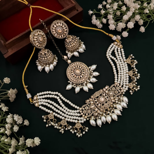 Zainab Jadau Reverse AD Necklace Set - Golden