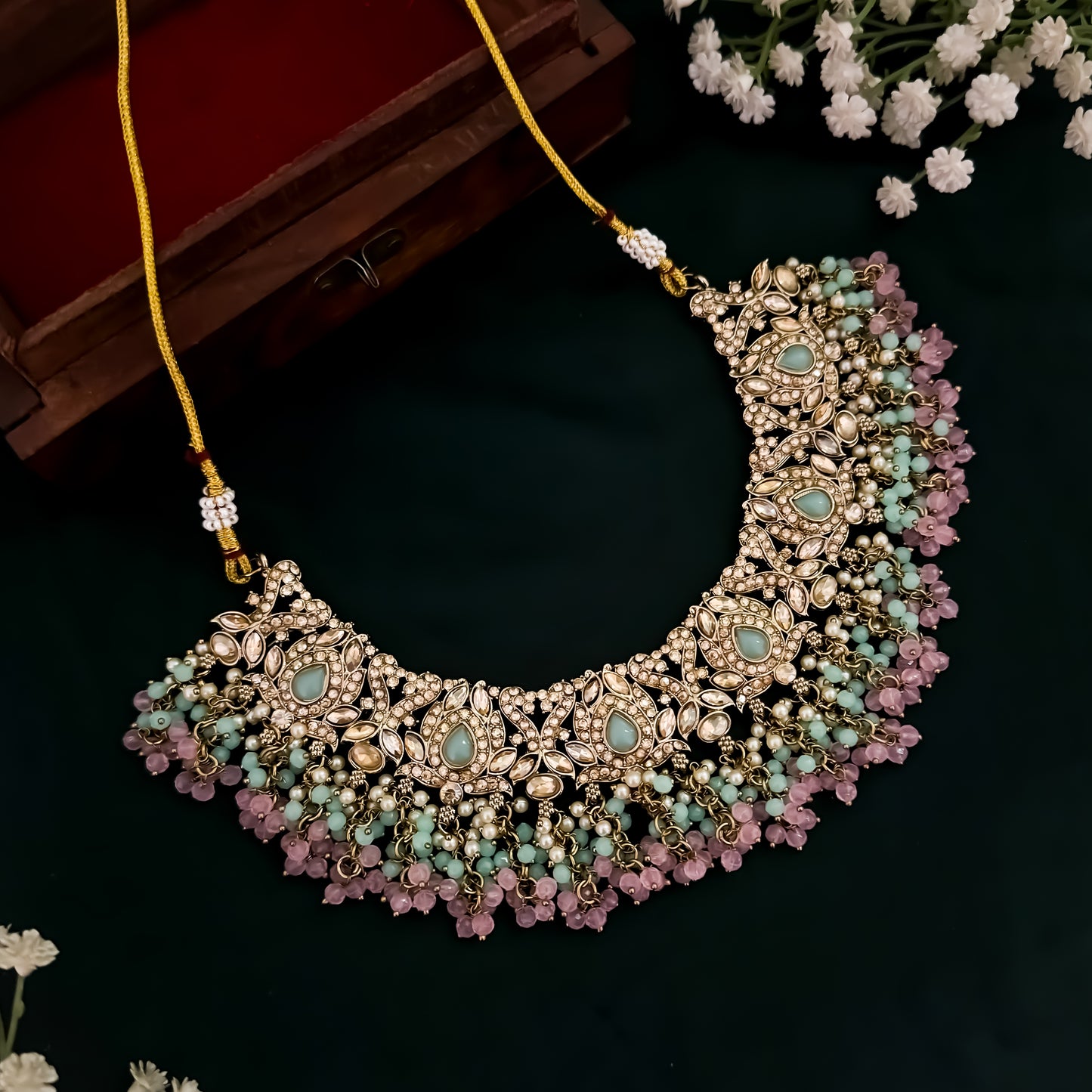 Rufaida Jadau Reverse AD Necklace Set - Pastel Pink & Green