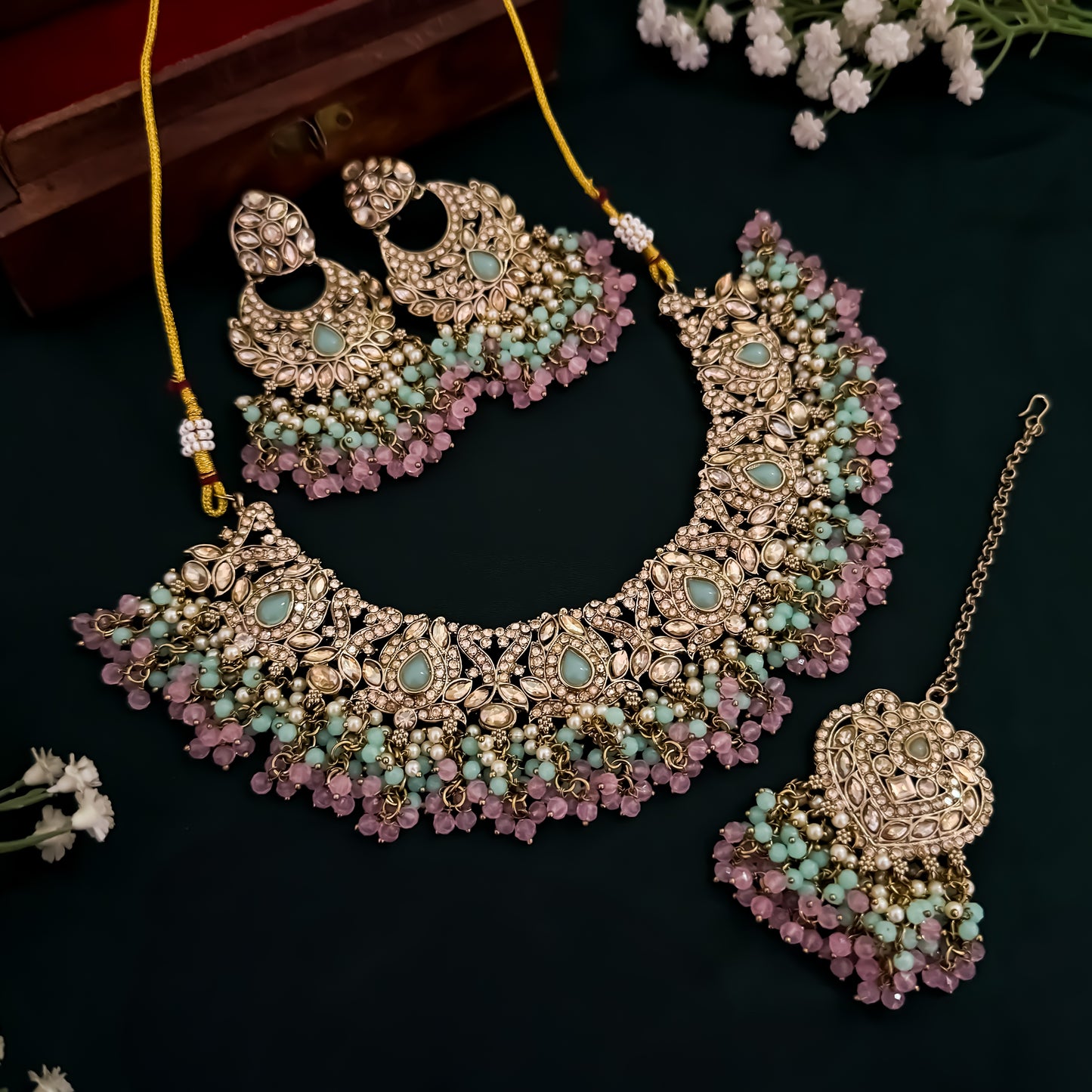 Yasmin Jadau Reverse AD Necklace Set - Pastel Pink & Green