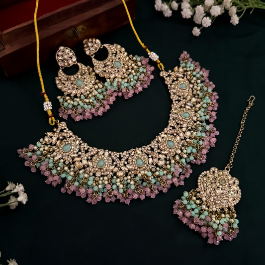 Yasmin Jadau Reverse AD Necklace Set - Pastel Pink & Green