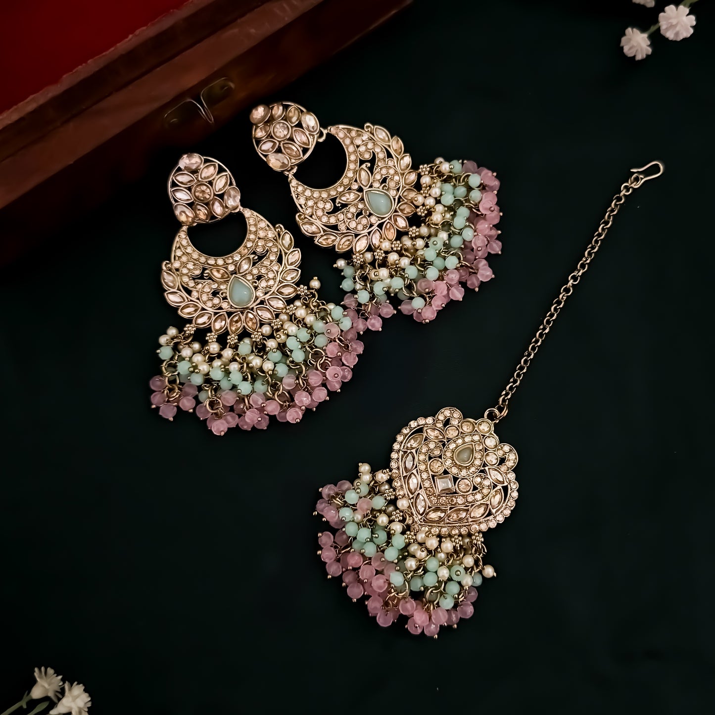 Rufaida Jadau Reverse AD Necklace Set - Pastel Pink & Green