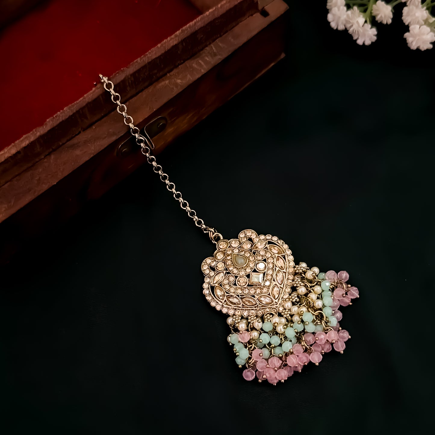 Rufaida Jadau Reverse AD Necklace Set - Pastel Pink & Green