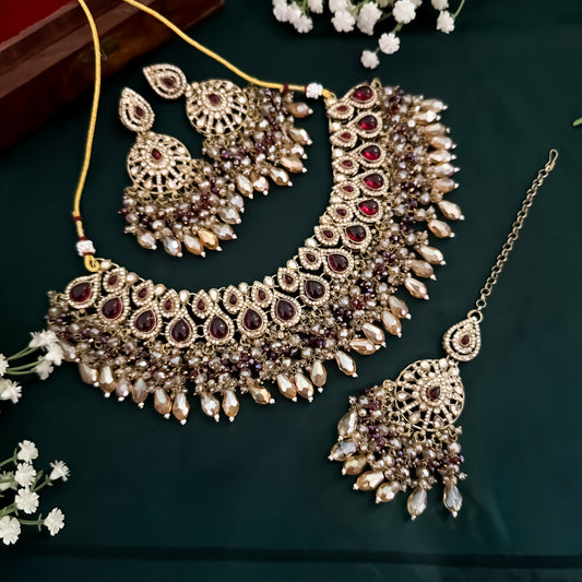 Ruksar Jadau Reverse AD Necklace Set - Golden & Maroon