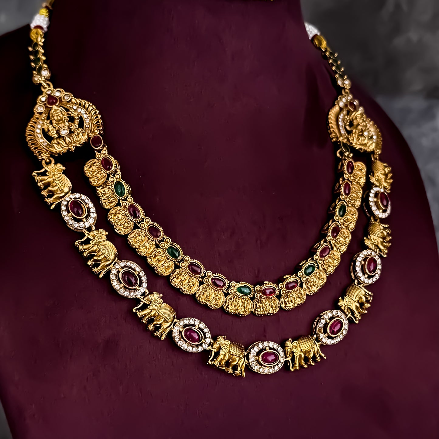 Tejaswi Double Layer Temple Motif Necklace Set - Golden