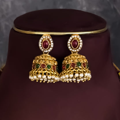 Tejaswi Double Layer Temple Motif Necklace Set - Golden