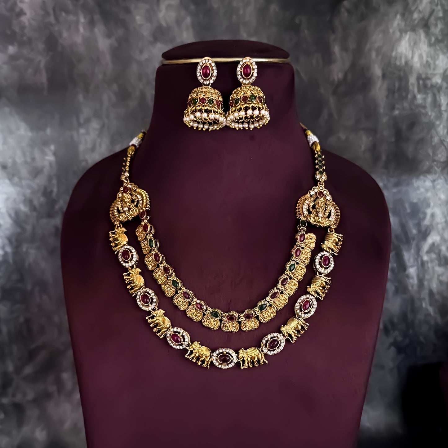 Tejaswi Double Layer Temple Motif Necklace Set - Golden