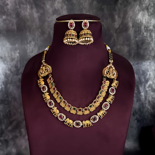 Tejaswi Double Layer Temple Motif Necklace Set - Golden