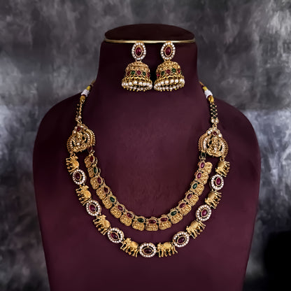Tejaswi Double Layer Temple Motif Necklace Set - Golden