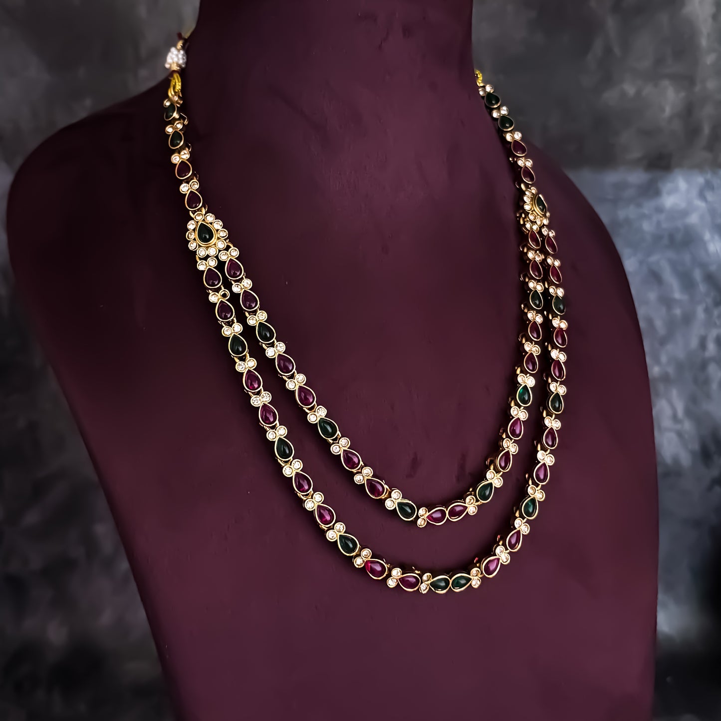 Shwetab Double Layer Temple Motif Necklace Set - Pink & Green