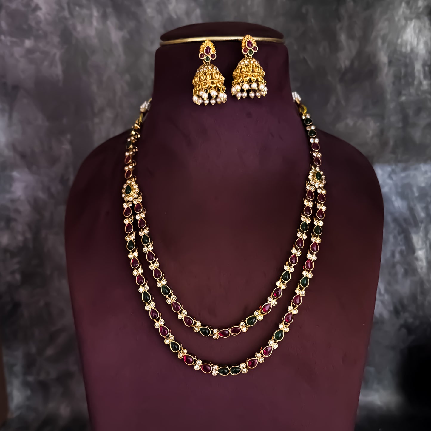 Shwetab Double Layer Temple Motif Necklace Set - Pink & Green