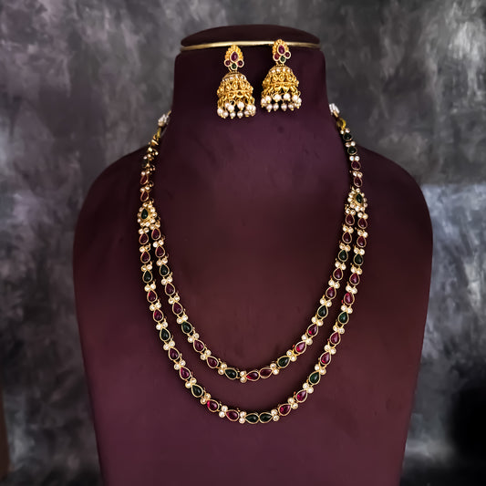 Shwetab Double Layer Temple Motif Necklace Set - Pink & Green