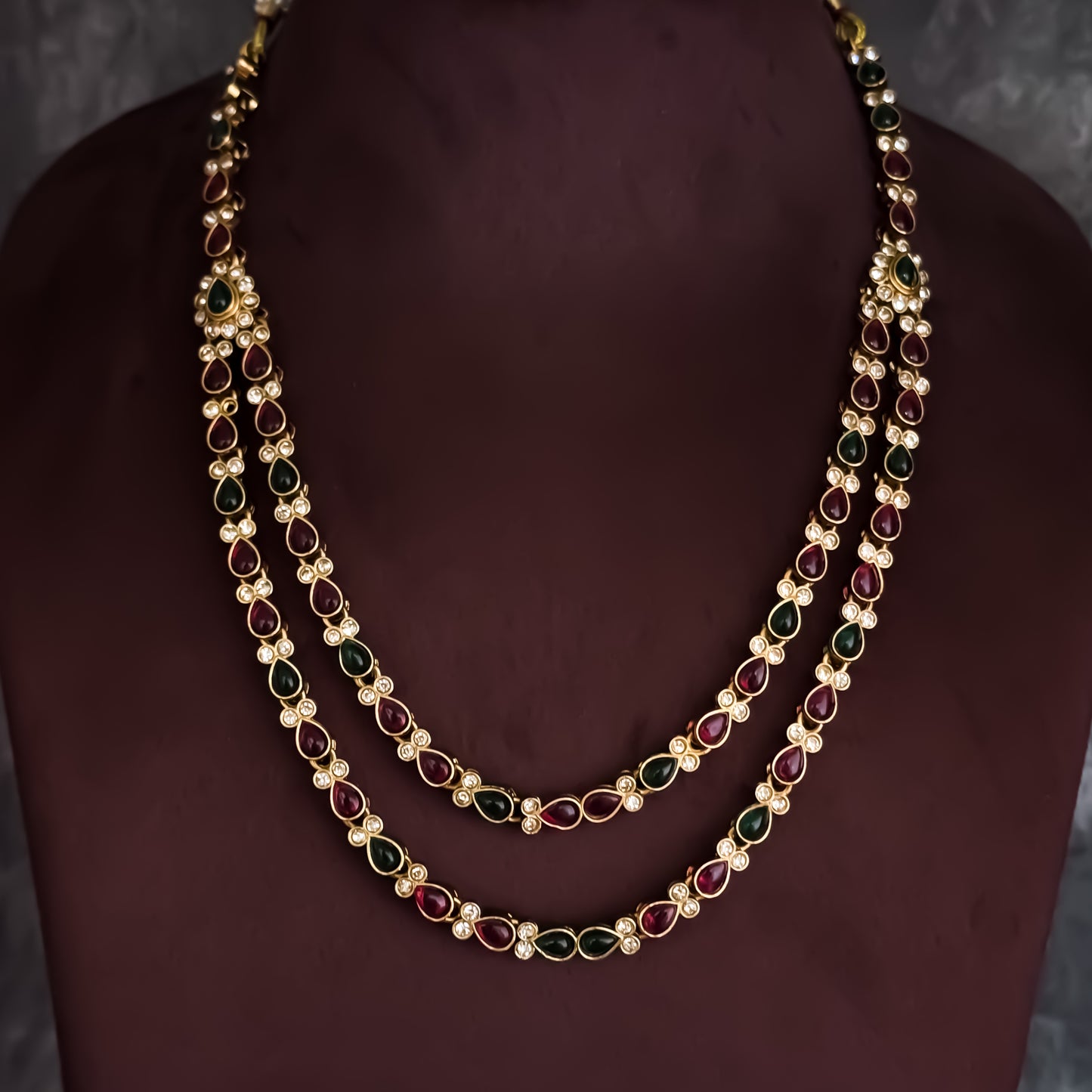 Shwetab Double Layer Temple Motif Necklace Set - Pink & Green