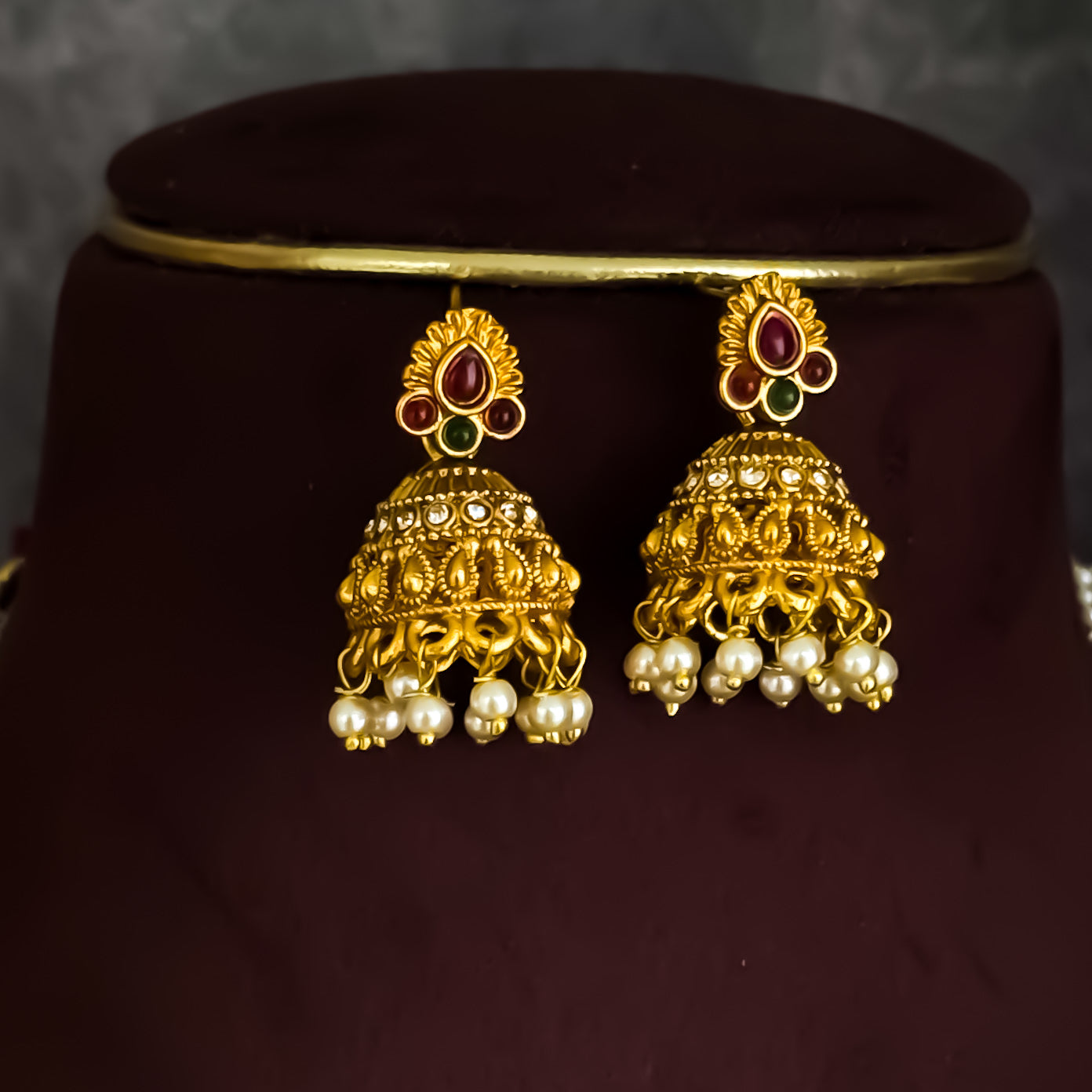 Shwetab Double Layer Temple Motif Necklace Set - Pink & Green