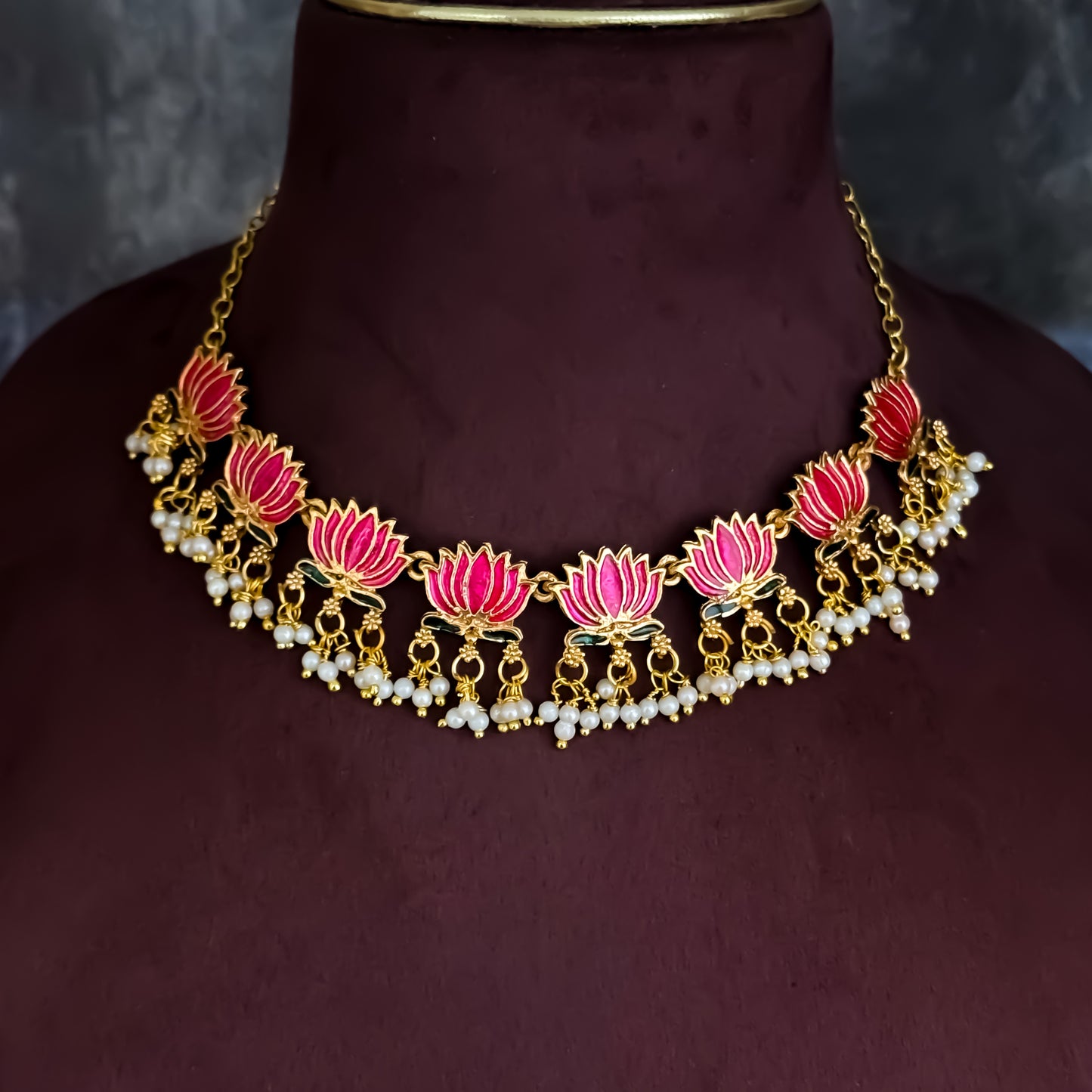 Nalini  Lotus Temple Motif Necklace Set - Pink & Green