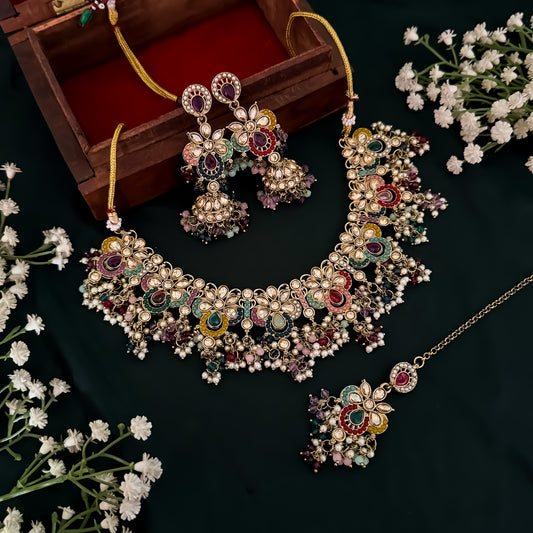 Fathima Jadau Reverse AD Necklace Set - Golden