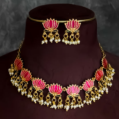 Nalini  Lotus Temple Motif Necklace Set - Pink & Green
