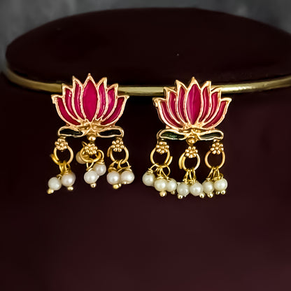 Nalini  Lotus Temple Motif Necklace Set - Pink & Green
