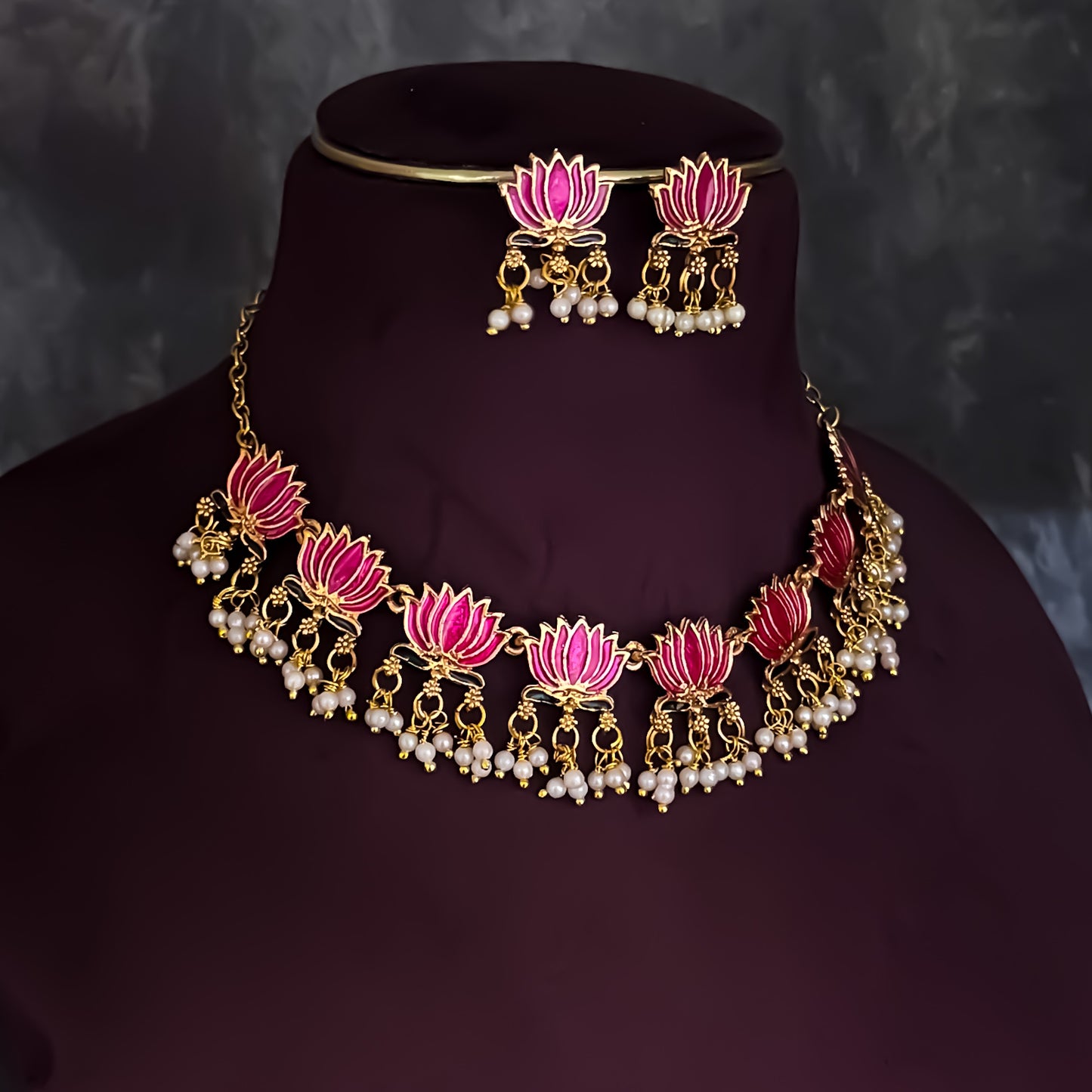 Nalini  Lotus Temple Motif Necklace Set - Pink & Green