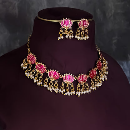 Nalini  Lotus Temple Motif Necklace Set - Pink & Green