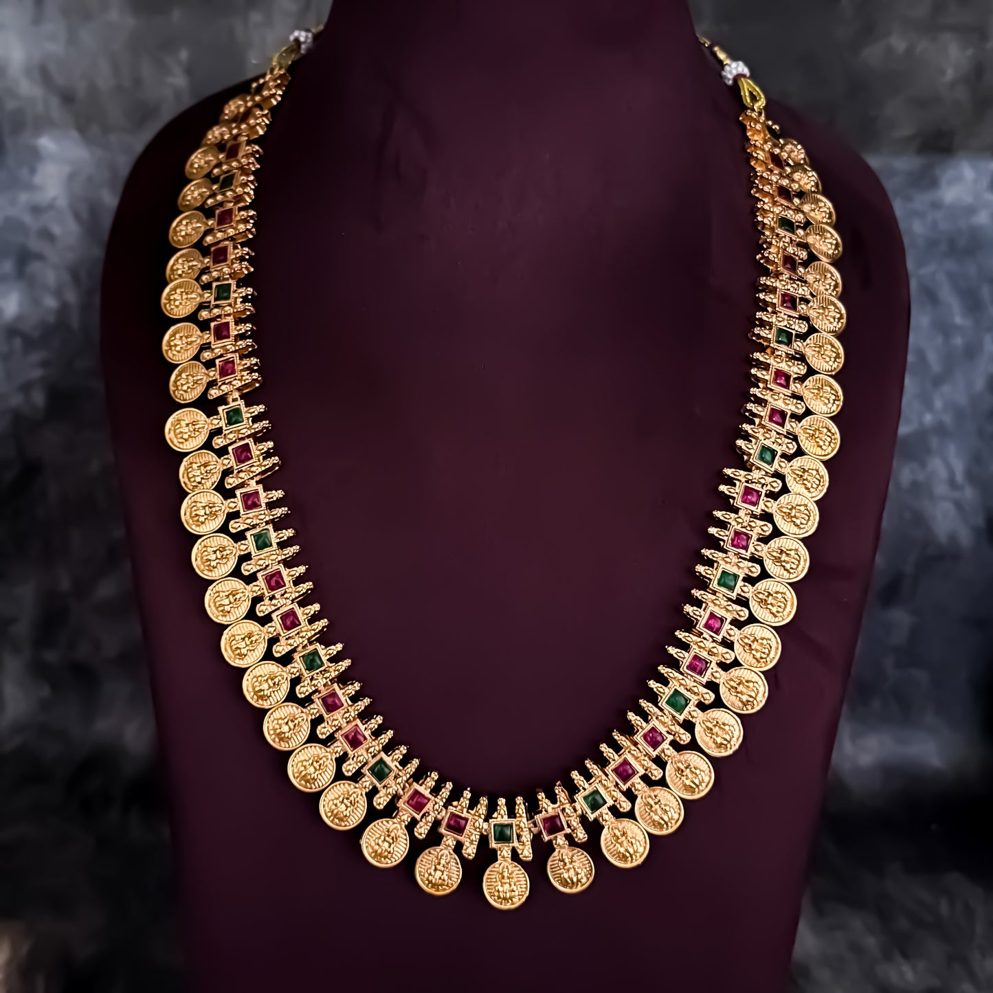 Dhana Lakshmi Coin Long & Short Temple Necklace Set - Golden