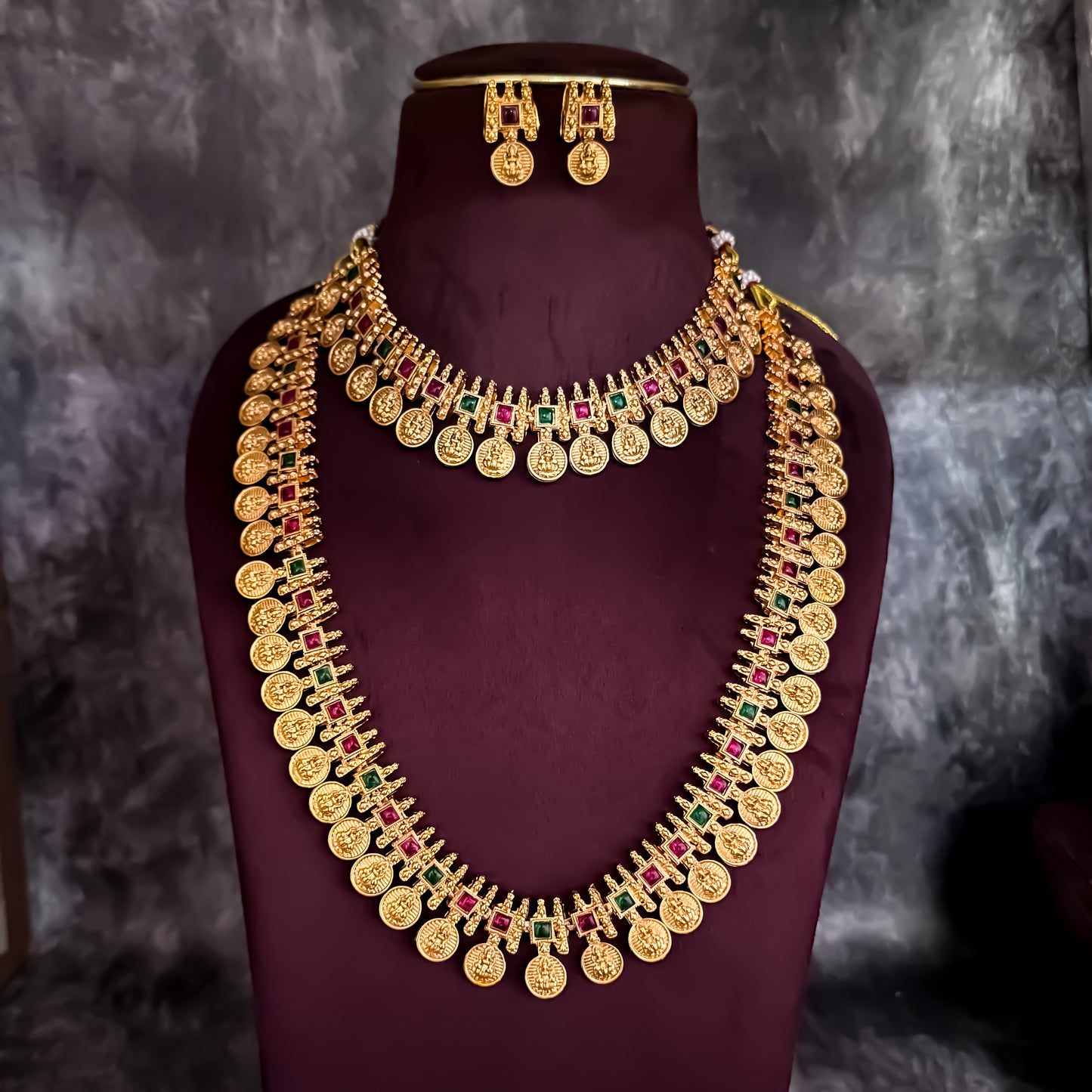 Dhana Lakshmi Coin Long & Short Temple Necklace Set - Golden