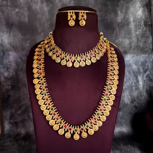 Dhana Lakshmi Coin Long & Short Temple Necklace Set - Golden