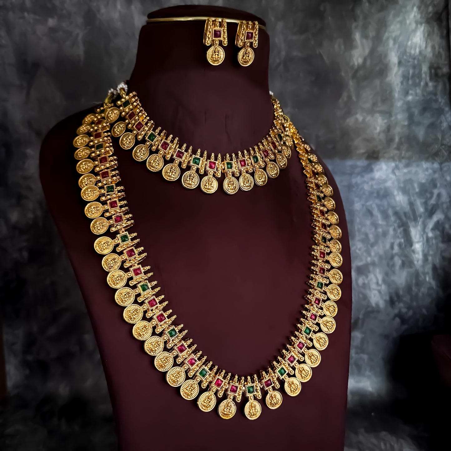 Dhana Lakshmi Coin Long & Short Temple Necklace Set - Golden
