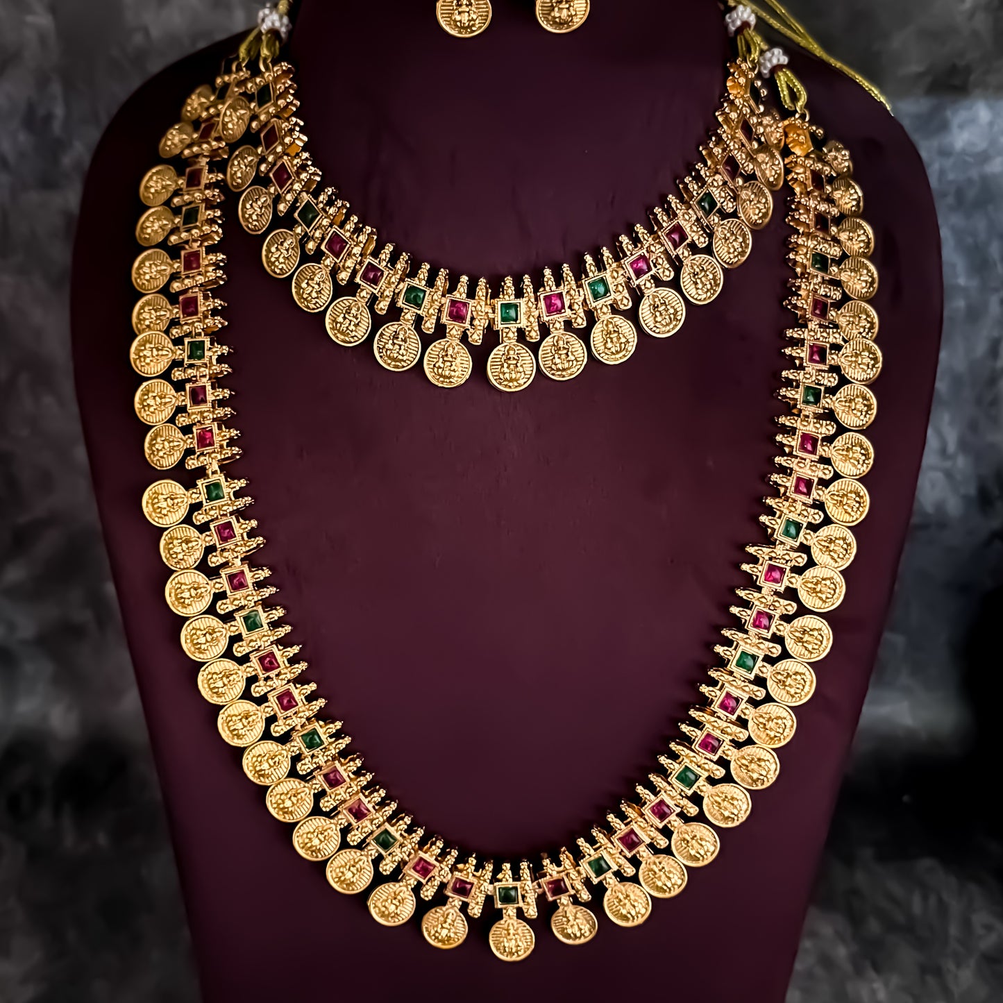 Dhana Lakshmi Coin Long & Short Temple Necklace Set - Golden
