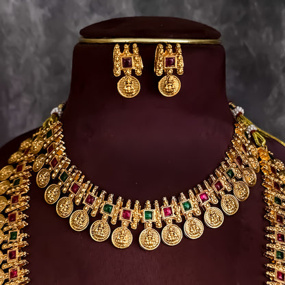 Dhana Lakshmi Coin Long & Short Temple Necklace Set - Golden