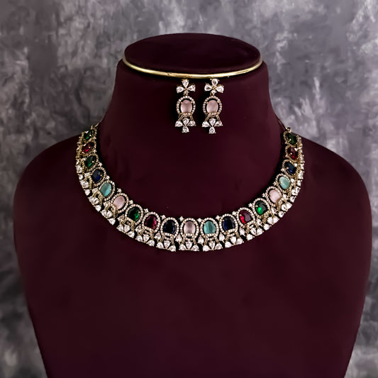 Nisa Navratan AD Necklace Set - Multi