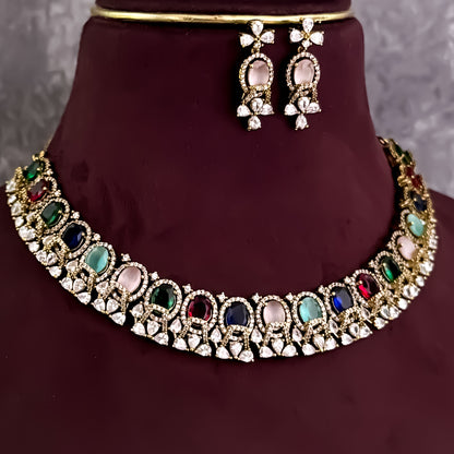 Nisa Navratan AD Necklace Set - Multi
