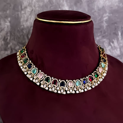 Nisa Navratan AD Necklace Set - Multi