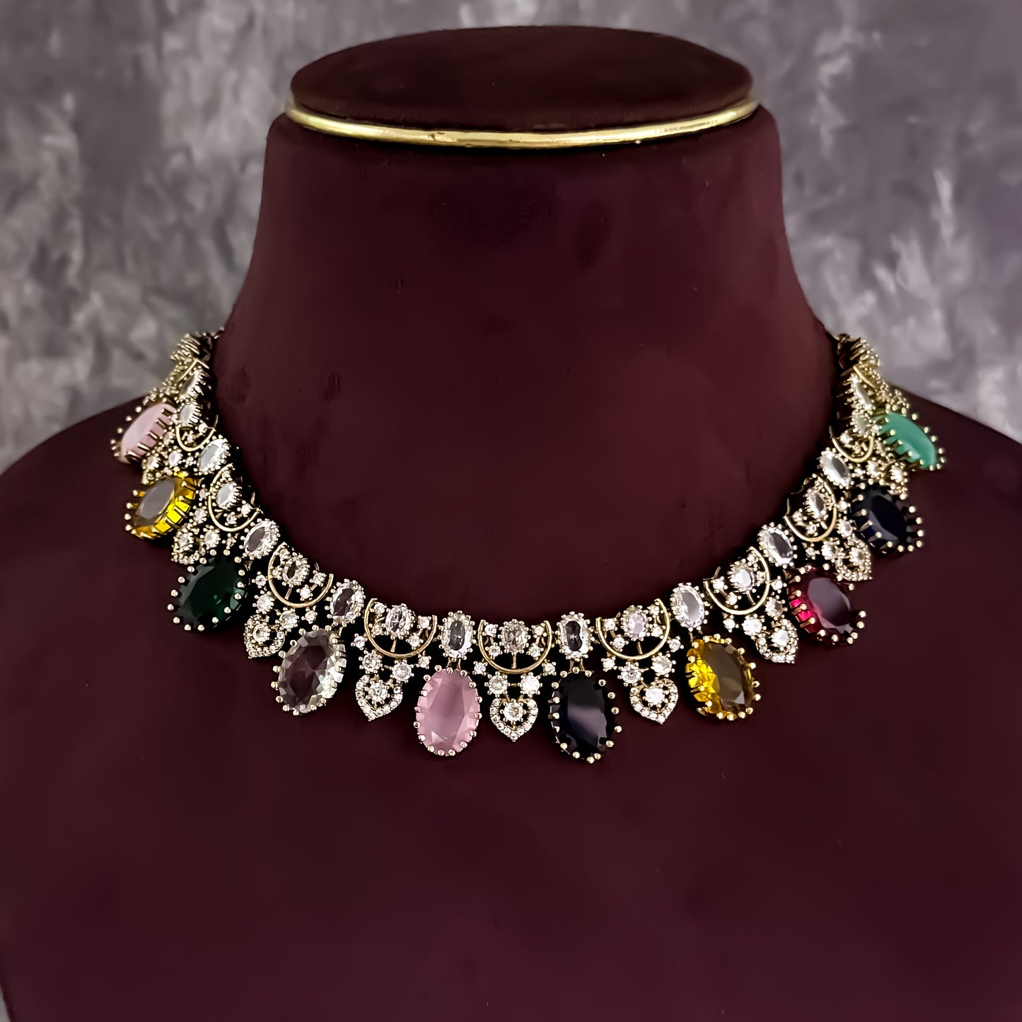 Shrenu Victorian Navratan AD Necklace Set- Multi