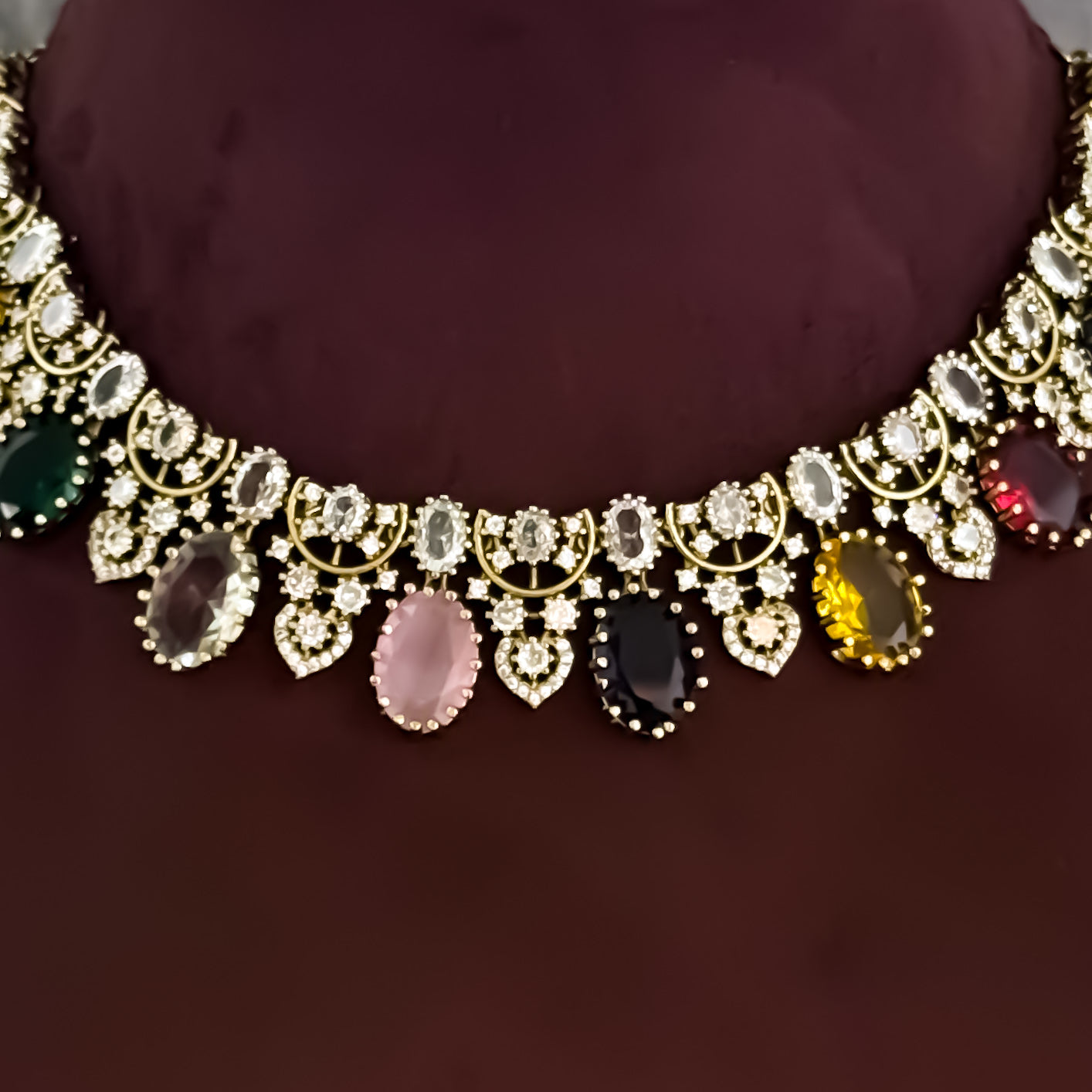 Shrenu Victorian Navratan AD Necklace Set- Multi