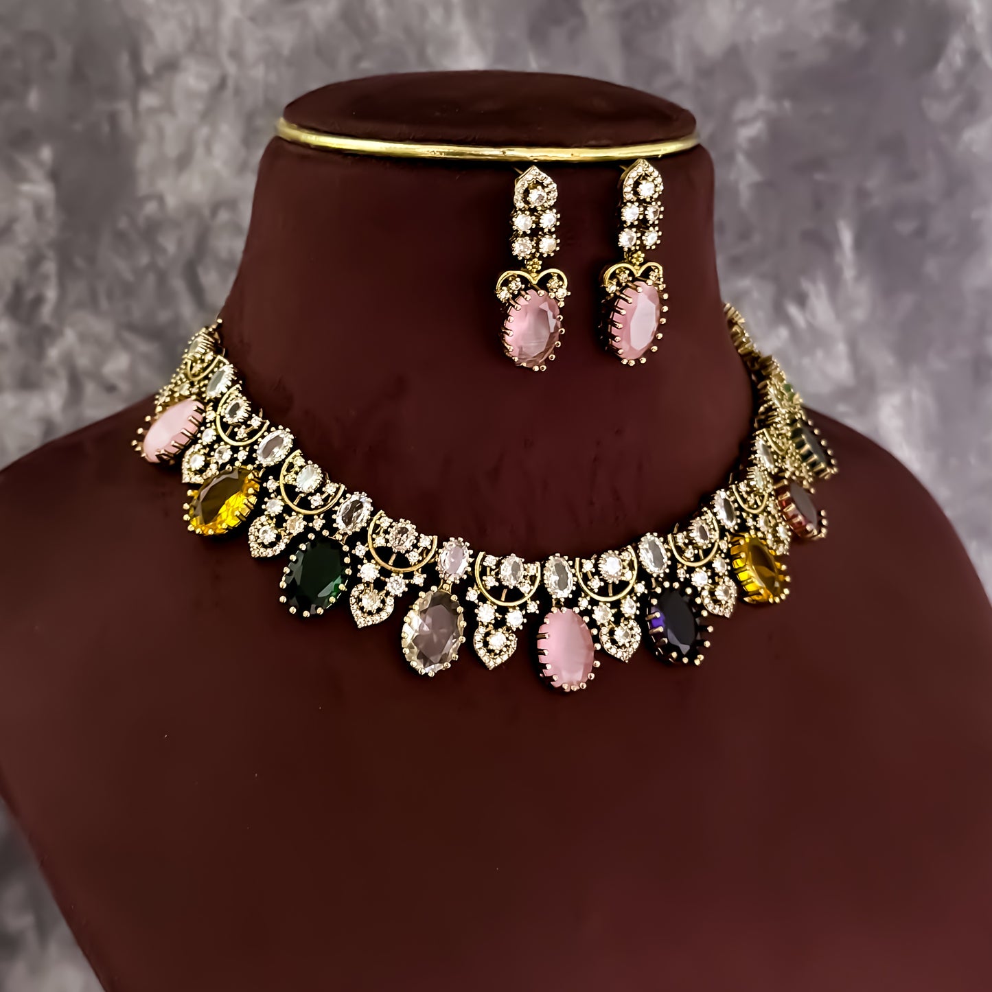 Shrenu Victorian Navratan AD Necklace Set- Multi